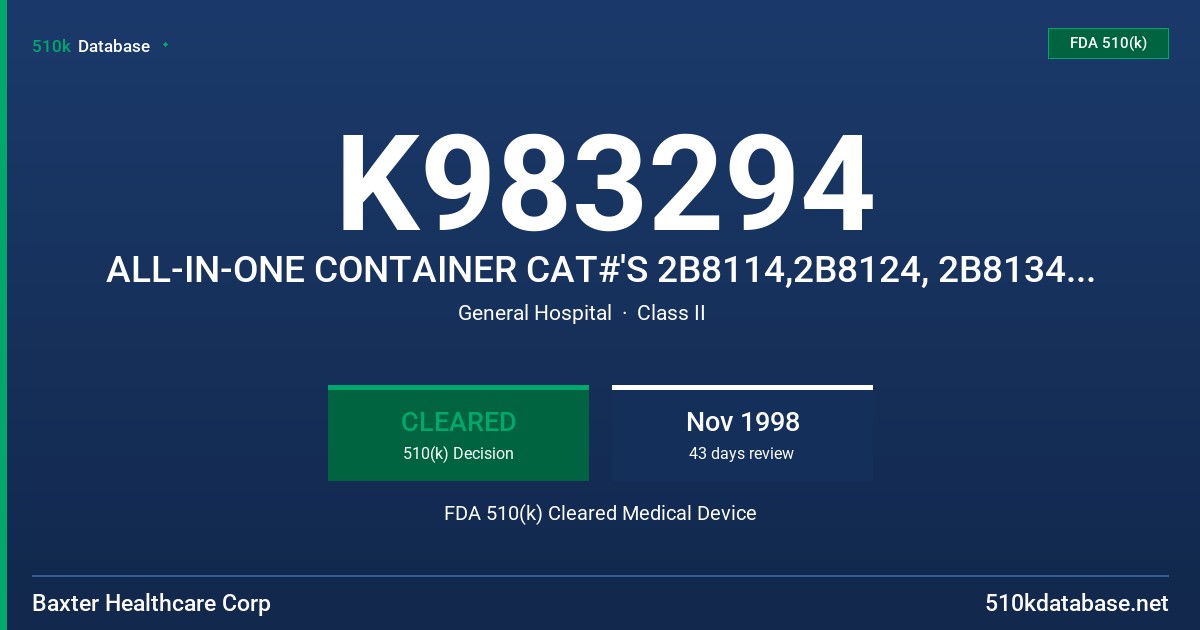 K983294 ALL-IN-ONE CONTAINER CAT#'S 2B8114,2B8124, 2B8134, 2B8144, 2B8102, 2B8152, 2B8112, 2B8117M 2B8122, 2B8132, 2B8142, 2B712 FDA 510(k) Cleared Medical Device