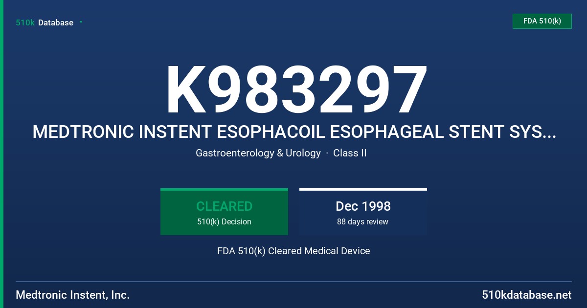 K983297 MEDTRONIC INSTENT ESOPHACOIL ESOPHAGEAL STENT SYSTEM WITH SLOW RELEASE FDA 510(k) Cleared Medical Device