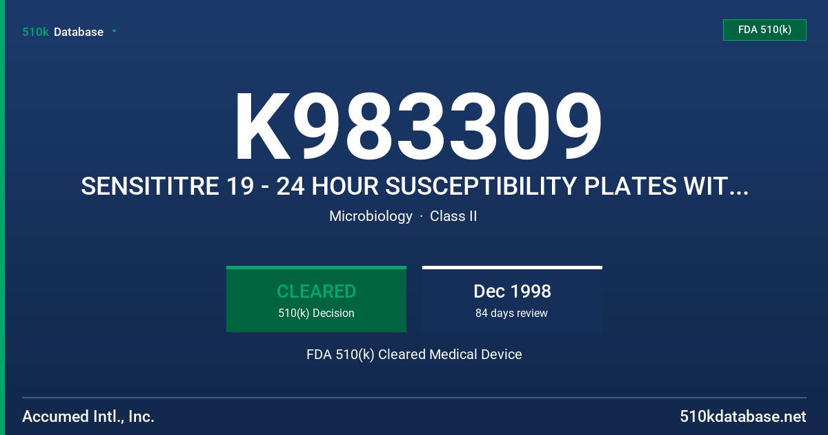 K983309 SENSITITRE 19 - 24 HOUR SUSCEPTIBILITY PLATES WITH LEVOFLOXACIN FDA 510(k) Cleared Medical Device