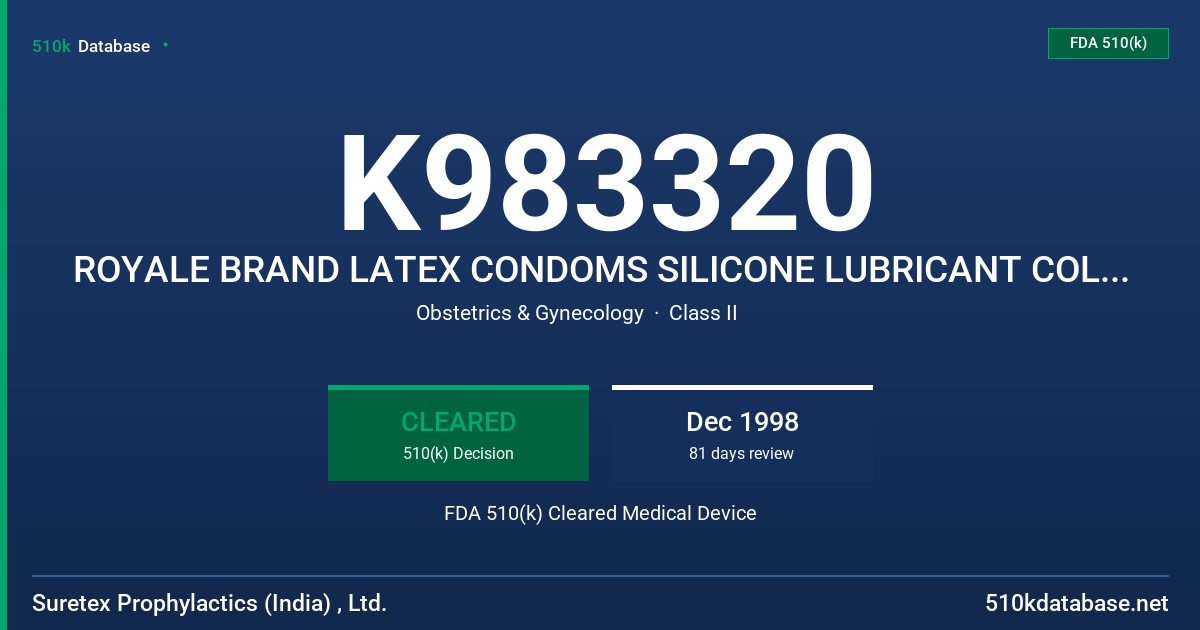 K983320 ROYALE BRAND LATEX CONDOMS SILICONE LUBRICANT COLORED-OR ASSORTED COLORS FDA 510(k) Cleared Medical Device