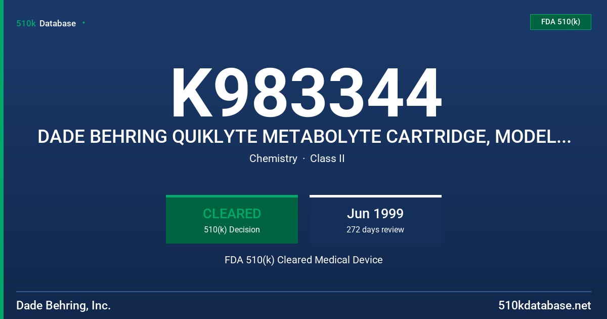 K983344 DADE BEHRING QUIKLYTE METABOLYTE CARTRIDGE, MODEL DIMENSION(R) XL OR RXL FDA 510(k) Cleared Medical Device