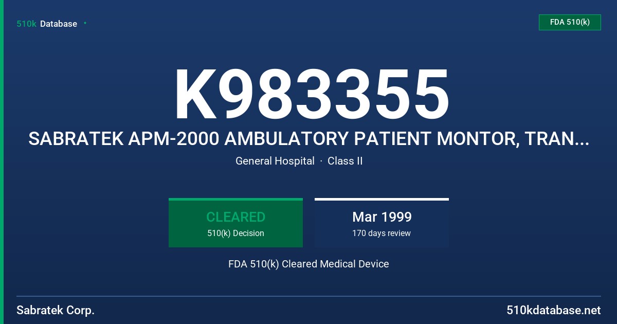 K983355 SABRATEK APM-2000 AMBULATORY PATIENT MONTOR, TRANSCUTANEOUS TEMPERATURE MONITOR FDA 510(k) Cleared Medical Device