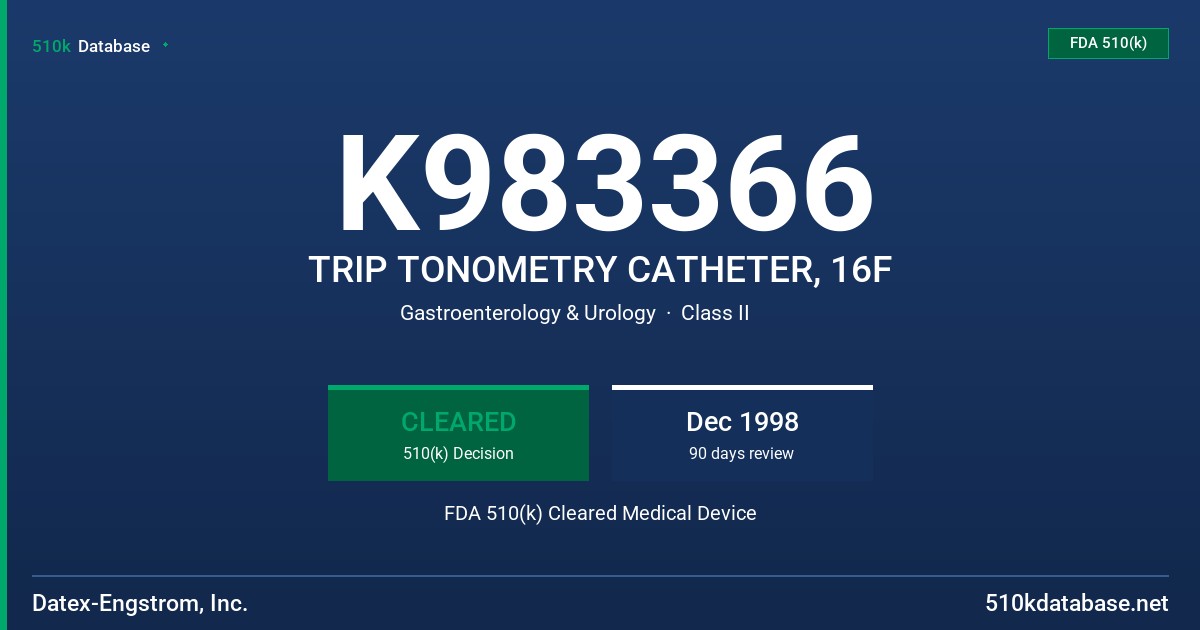 K983366 TRIP TONOMETRY CATHETER, 16F FDA 510(k) Cleared Medical Device