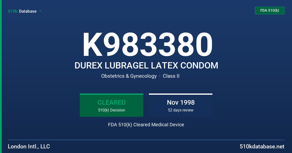 K983380 DUREX LUBRAGEL LATEX CONDOM FDA 510(k) Cleared Medical Device