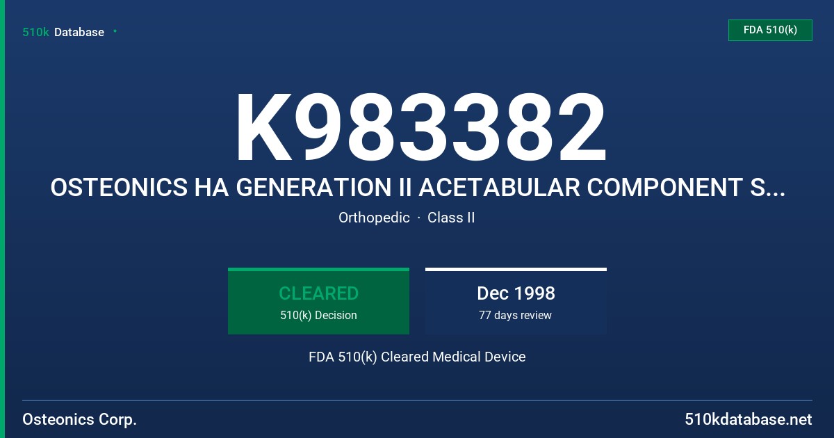 K983382 OSTEONICS HA GENERATION II ACETABULAR COMPONENT SYSTEM FDA 510(k) Cleared Medical Device