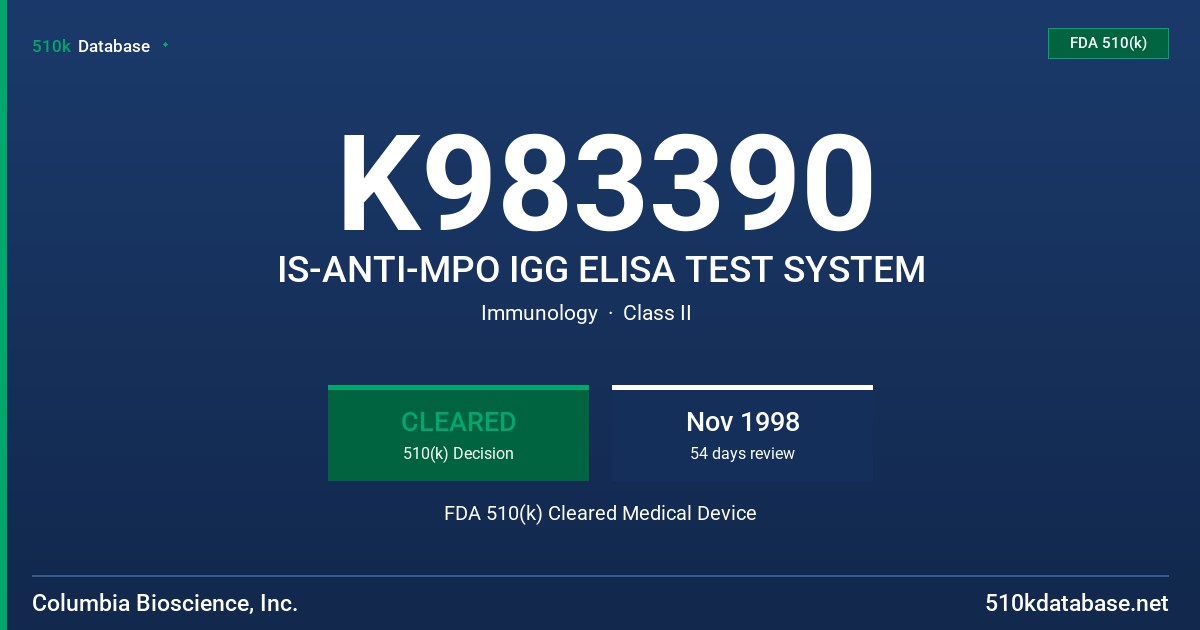K983390 IS-ANTI-MPO IGG ELISA TEST SYSTEM FDA 510(k) Cleared Medical Device