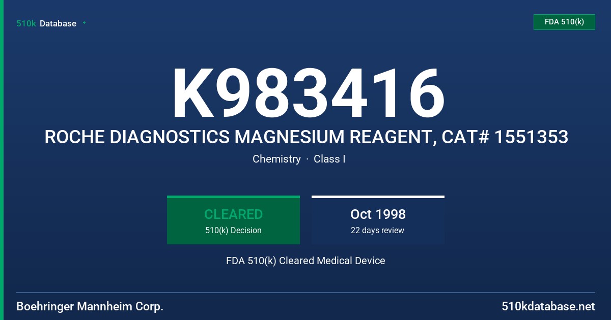 K983416 ROCHE DIAGNOSTICS MAGNESIUM REAGENT, CAT# 1551353 FDA 510(k) Cleared Medical Device