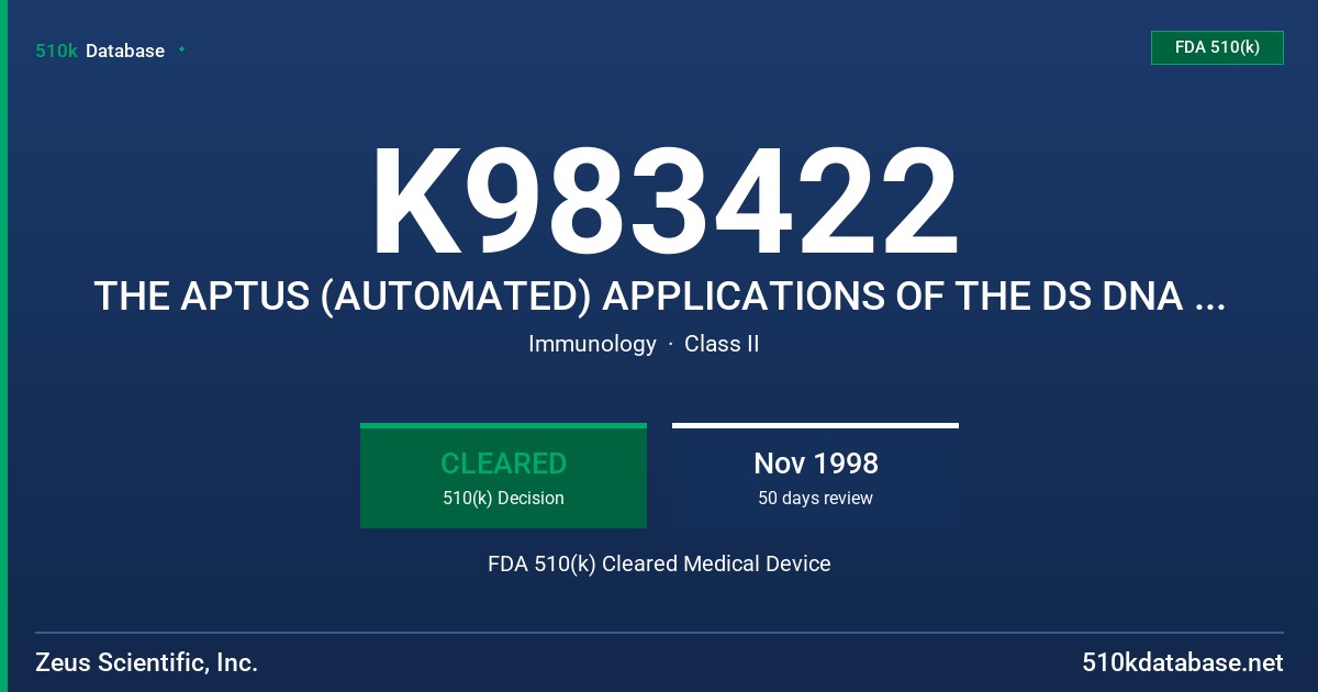 K983422 THE APTUS (AUTOMATED) APPLICATIONS OF THE DS DNA ELISA TEST SYSTEM  LINKED IMMUNOSORBENT ASSAY(ELISA)FOR THE DET FDA 510(k) Cleared Medical Device