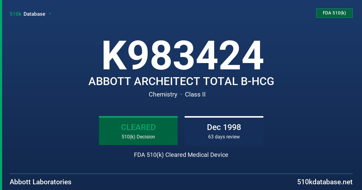 K983424 ABBOTT ARCHEITECT TOTAL B-HCG FDA 510(k) Cleared Medical Device