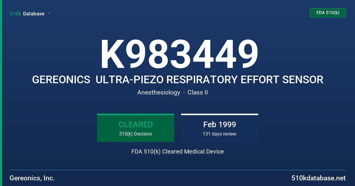 K983449 GEREONICS  ULTRA-PIEZO RESPIRATORY EFFORT SENSOR FDA 510(k) Cleared Medical Device