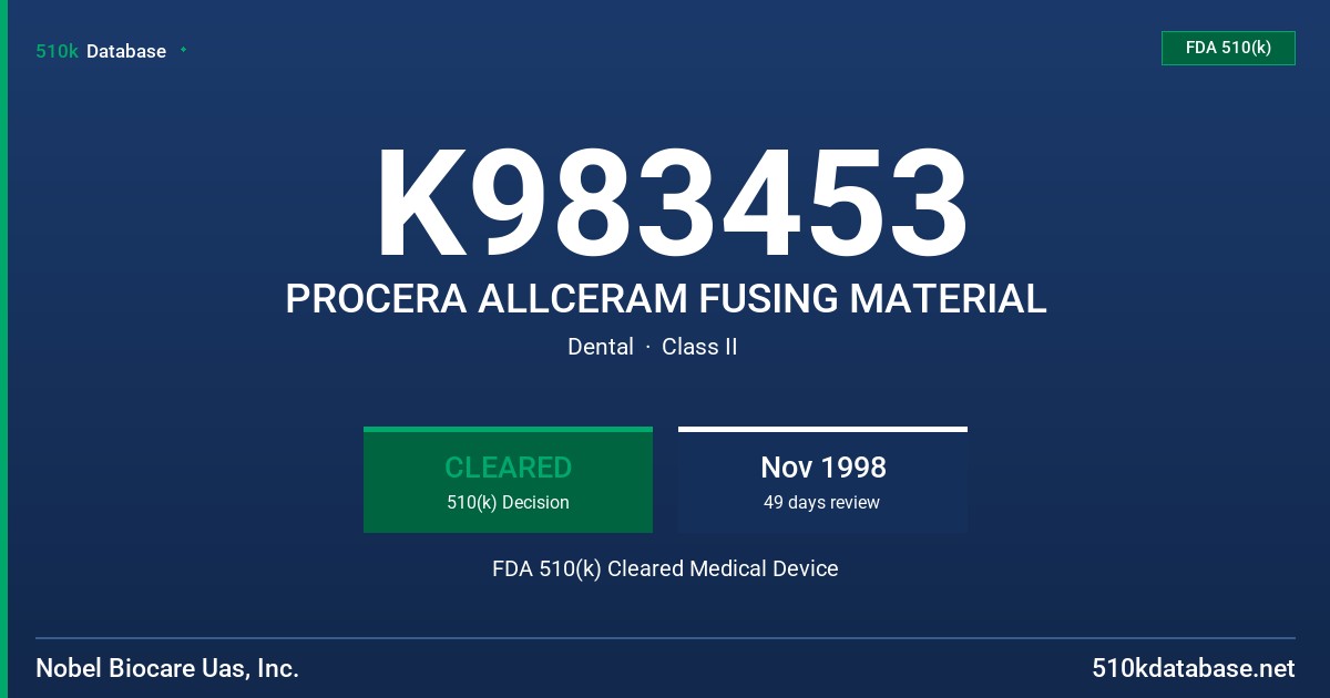 K983453 PROCERA ALLCERAM FUSING MATERIAL FDA 510(k) Cleared Medical Device