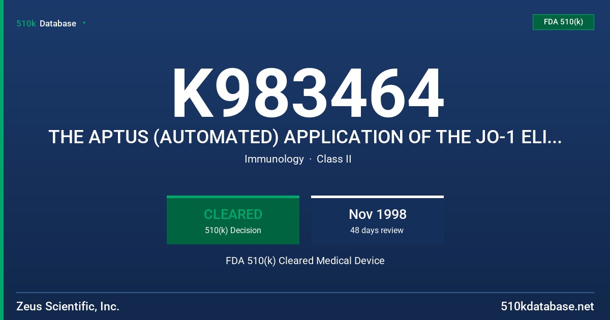 K983464 THE APTUS (AUTOMATED) APPLICATION OF THE JO-1 ELISA TEST SYSTEM. AN ENZYME LINKED IMMUNOSORBENT ASSAY (ELISA) FOR THE FDA 510(k) Cleared Medical Device