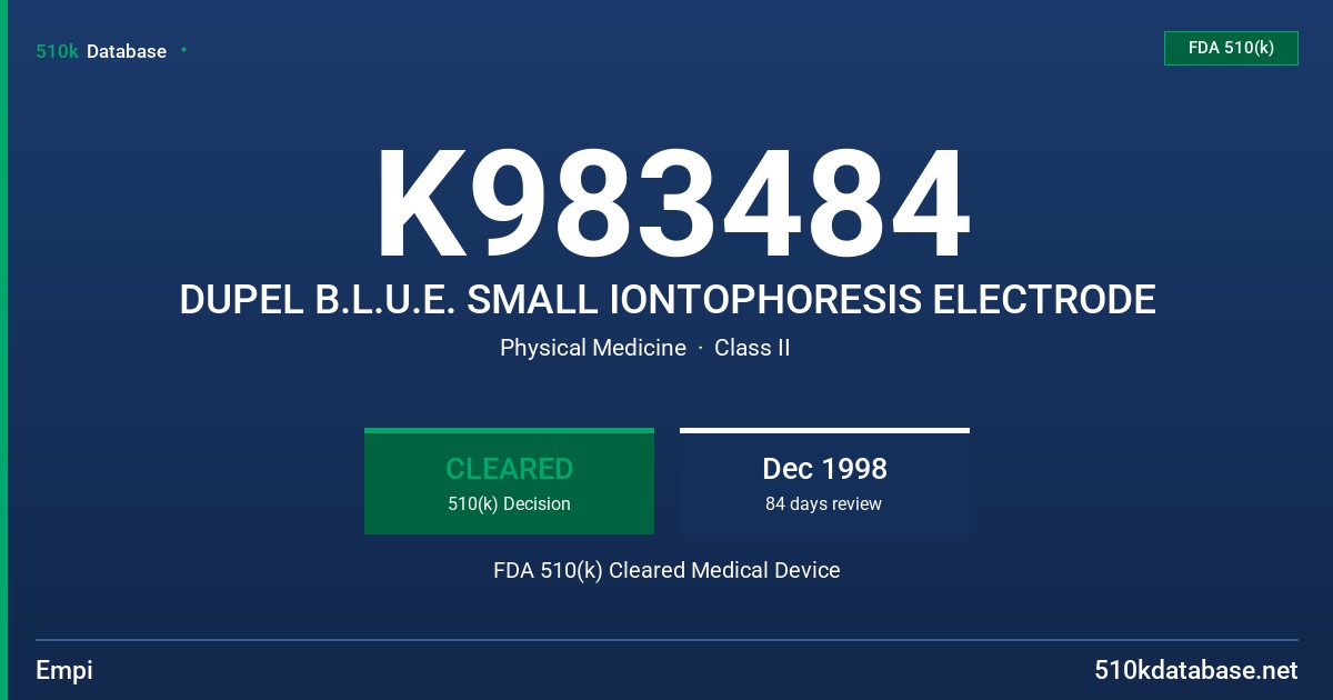 K983484 DUPEL B.L.U.E. SMALL IONTOPHORESIS ELECTRODE FDA 510(k) Cleared Medical Device