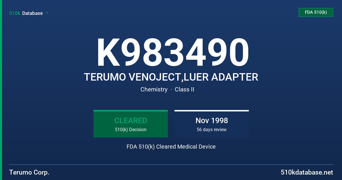 K983490 TERUMO VENOJECT,LUER ADAPTER FDA 510(k) Cleared Medical Device
