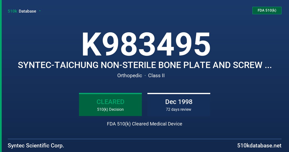 K983495 SYNTEC-TAICHUNG NON-STERILE BONE PLATE AND SCREW IMPLANTS, MODEL#'S 222020-248120, 240050-240980, 241130-246620, 4240420 FDA 510(k) Cleared Medical Device