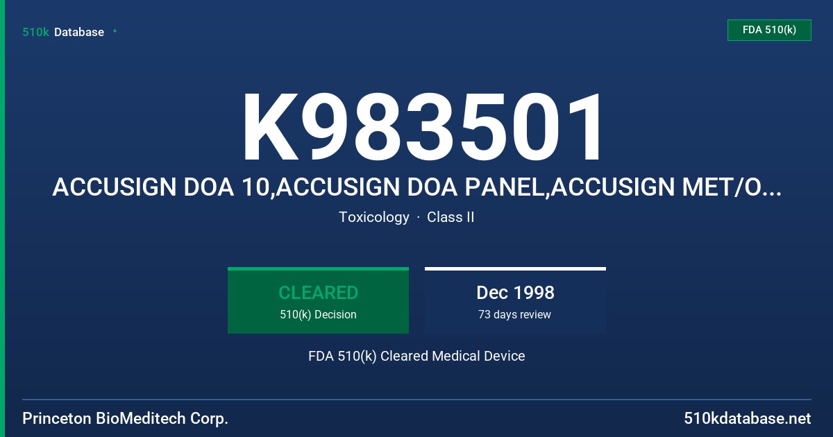 K983501 ACCUSIGN DOA 10,ACCUSIGN DOA PANEL,ACCUSIGN MET/OPI/COC/THC/PCP/BZO/BAR/MTD/TCA/AMP,BIOSIGN DOA 10, BIOSIGN MET/OPI/COC/ FDA 510(k) Cleared Medical Device
