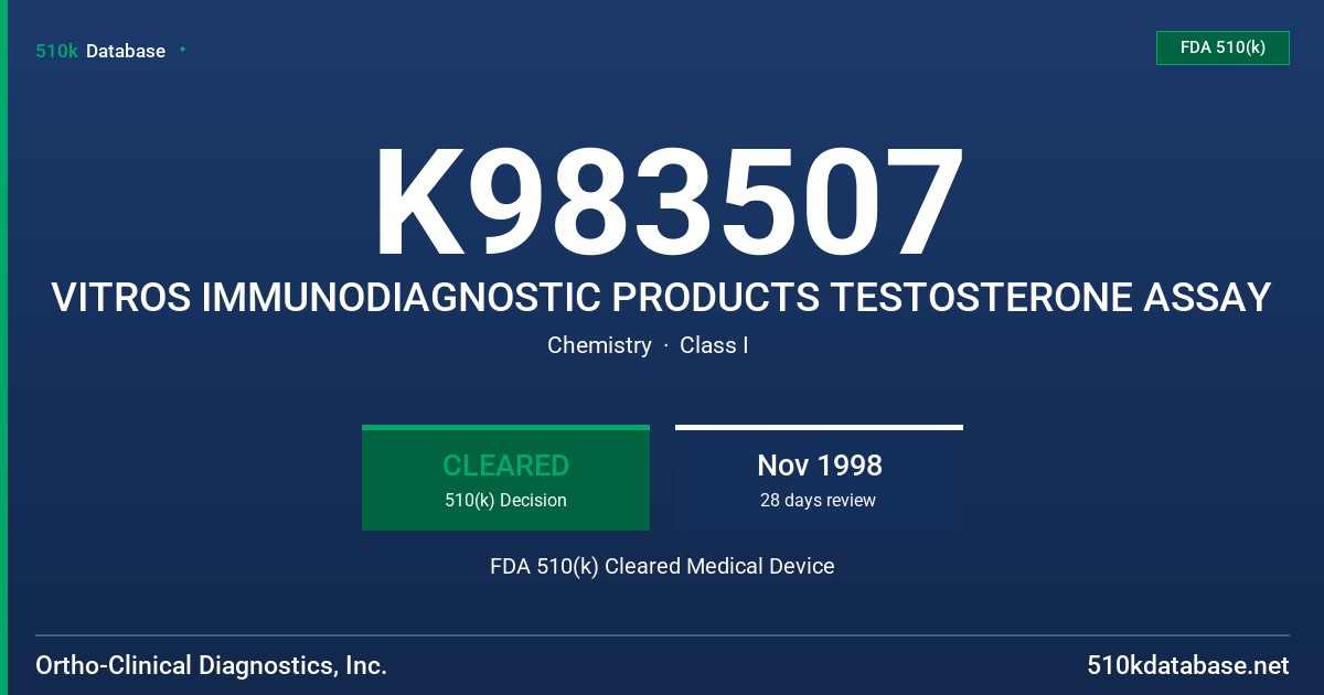 K983507 VITROS IMMUNODIAGNOSTIC PRODUCTS TESTOSTERONE ASSAY FDA 510(k) Cleared Medical Device