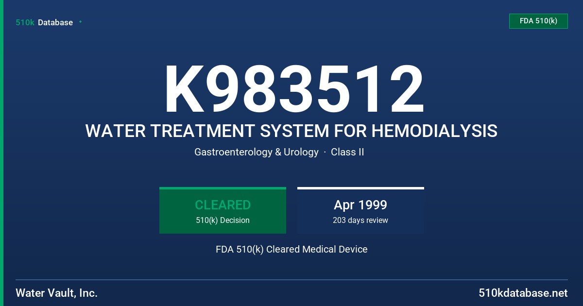 K983512 WATER TREATMENT SYSTEM FOR HEMODIALYSIS FDA 510(k) Cleared Medical Device