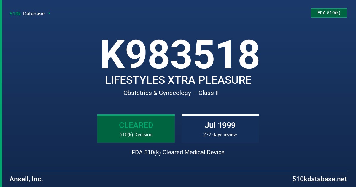 K983518 LIFESTYLES XTRA PLEASURE FDA 510(k) Cleared Medical Device