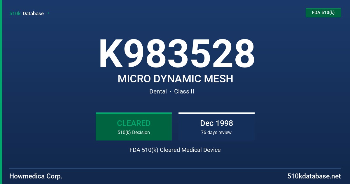 K983528 MICRO DYNAMIC MESH FDA 510(k) Cleared Medical Device