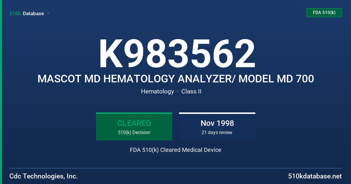 K983562 MASCOT MD HEMATOLOGY ANALYZER/ MODEL MD 700 FDA 510(k) Cleared Medical Device
