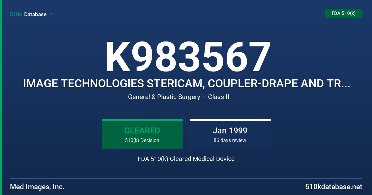 K983567 IMAGE TECHNOLOGIES STERICAM, COUPLER-DRAPE AND TROVIEW IMAGING SYSTEM FDA 510(k) Cleared Medical Device