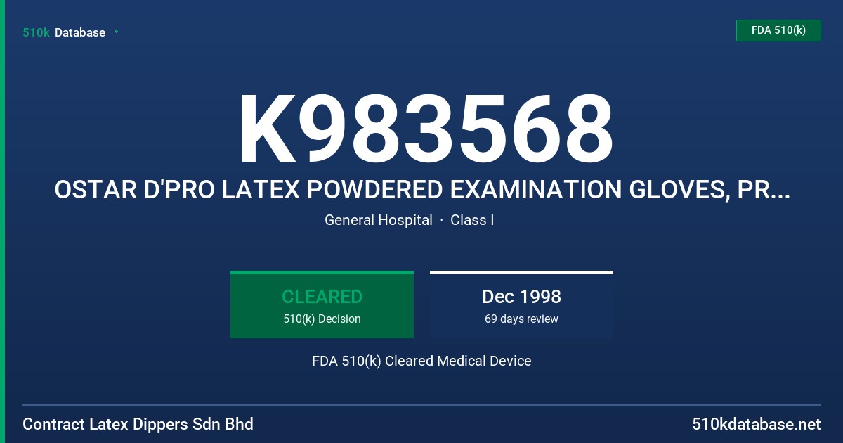 K983568 OSTAR D'PRO LATEX POWDERED EXAMINATION GLOVES, PROTEIN CLAIM OF 100 MCGM OR/LESS OF TOTAL WATER EXTRACTABLE PROTEIN PER FDA 510(k) Cleared Medical Device