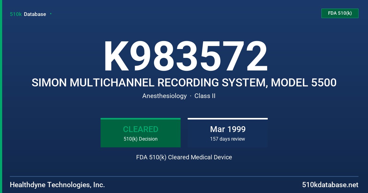 K983572 SIMON MULTICHANNEL RECORDING SYSTEM, MODEL 5500 FDA 510(k) Cleared Medical Device