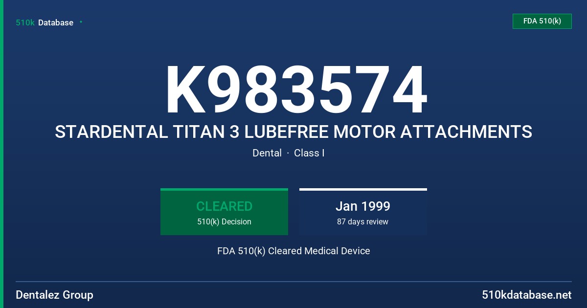 K983574 STARDENTAL TITAN 3 LUBEFREE MOTOR ATTACHMENTS FDA 510(k) Cleared Medical Device