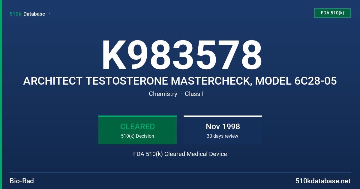 K983578 ARCHITECT TESTOSTERONE MASTERCHECK, MODEL 6C28-05 FDA 510(k) Cleared Medical Device