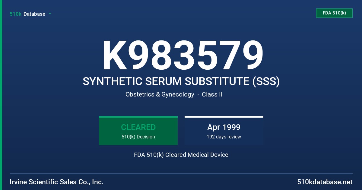 K983579 SYNTHETIC SERUM SUBSTITUTE (SSS) FDA 510(k) Cleared Medical Device