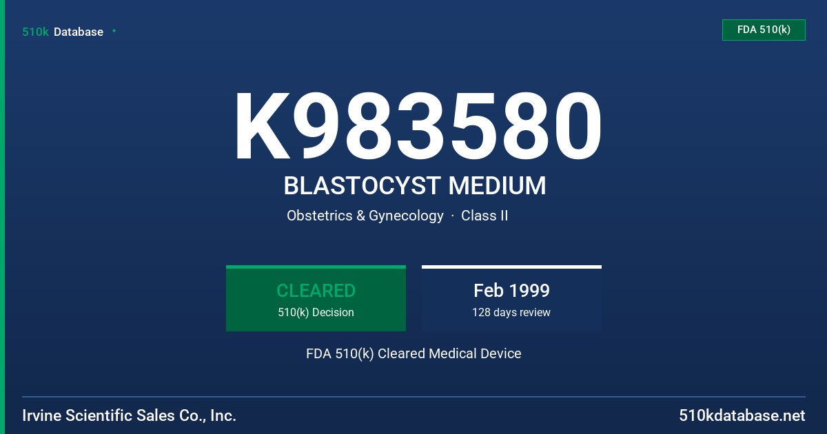 K983580 BLASTOCYST MEDIUM FDA 510(k) Cleared Medical Device
