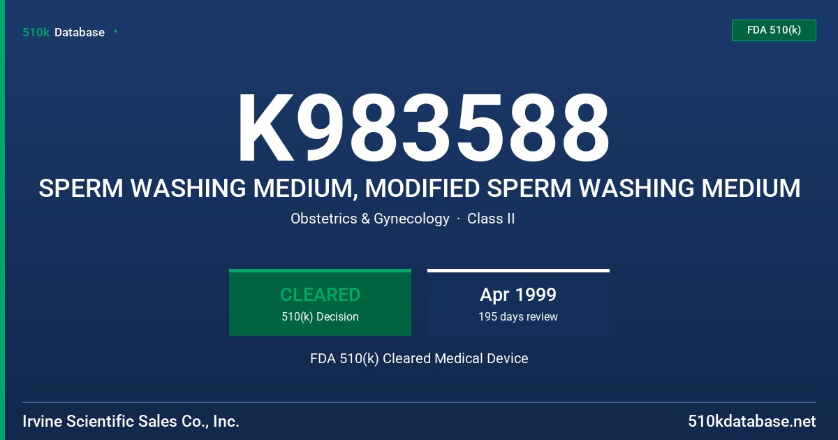 K983588 SPERM WASHING MEDIUM, MODIFIED SPERM WASHING MEDIUM FDA 510(k) Cleared Medical Device