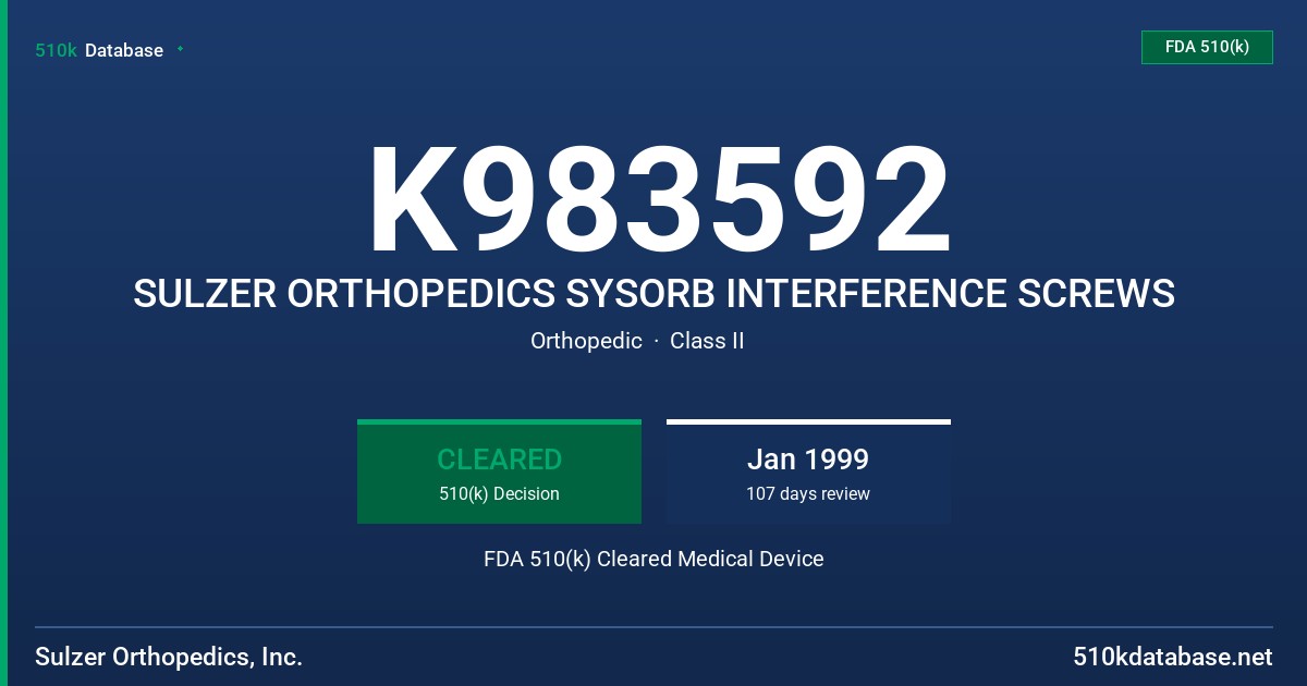 K983592 SULZER ORTHOPEDICS SYSORB INTERFERENCE SCREWS FDA 510(k) Cleared Medical Device
