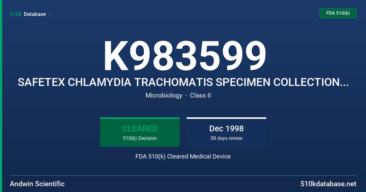 K983599 SAFETEX CHLAMYDIA TRACHOMATIS SPECIMEN COLLECTION KIT FDA 510(k) Cleared Medical Device