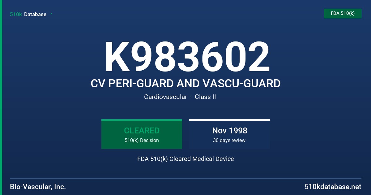 K983602 CV PERI-GUARD AND VASCU-GUARD FDA 510(k) Cleared Medical Device