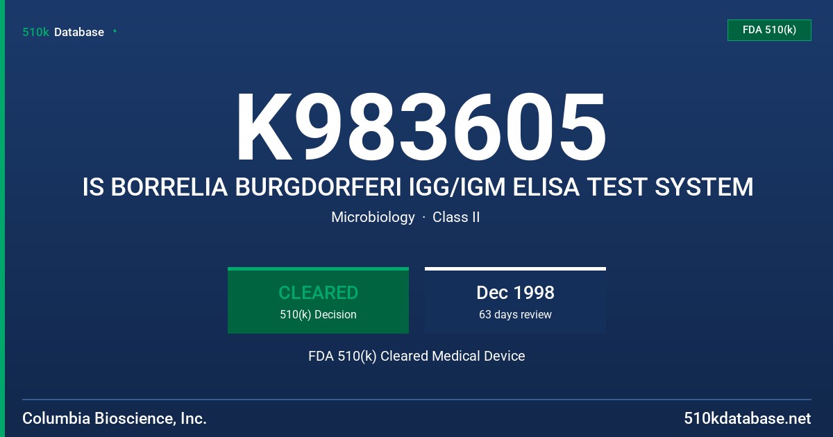K983605 IS BORRELIA BURGDORFERI IGG/IGM ELISA TEST SYSTEM FDA 510(k) Cleared Medical Device