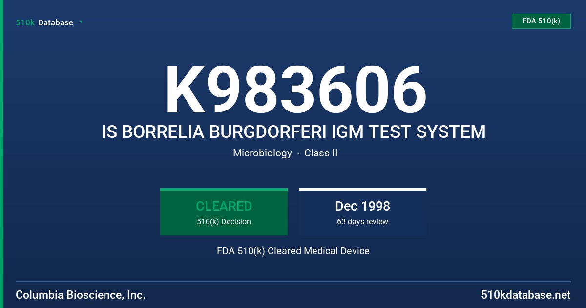 K983606 IS BORRELIA BURGDORFERI IGM TEST SYSTEM FDA 510(k) Cleared Medical Device