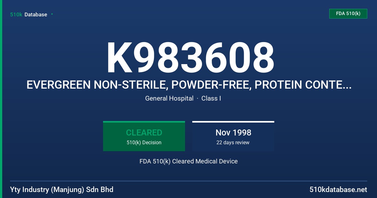 K983608 EVERGREEN NON-STERILE, POWDER-FREE, PROTEIN CONTENT LABELING CLAIM EXAMINATION GLOVES: NATURAL, BLUE & PINK FDA 510(k) Cleared Medical Device
