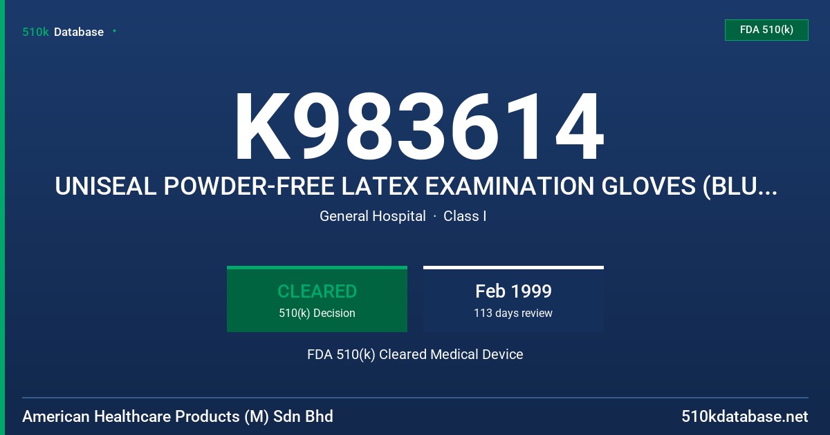 K983614 UNISEAL POWDER-FREE LATEX EXAMINATION GLOVES (BLUE & GREEN COLORED) FDA 510(k) Cleared Medical Device