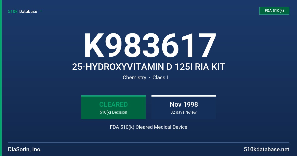 K983617 25-HYDROXYVITAMIN D 125I RIA KIT FDA 510(k) Cleared Medical Device