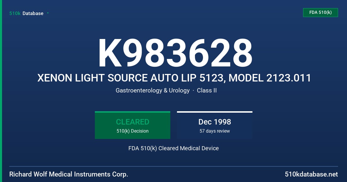 K983628 XENON LIGHT SOURCE AUTO LIP 5123, MODEL 2123.011 FDA 510(k) Cleared Medical Device