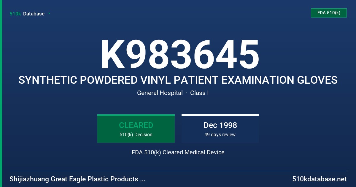 K983645 SYNTHETIC POWDERED VINYL PATIENT EXAMINATION GLOVES FDA 510(k) Cleared Medical Device