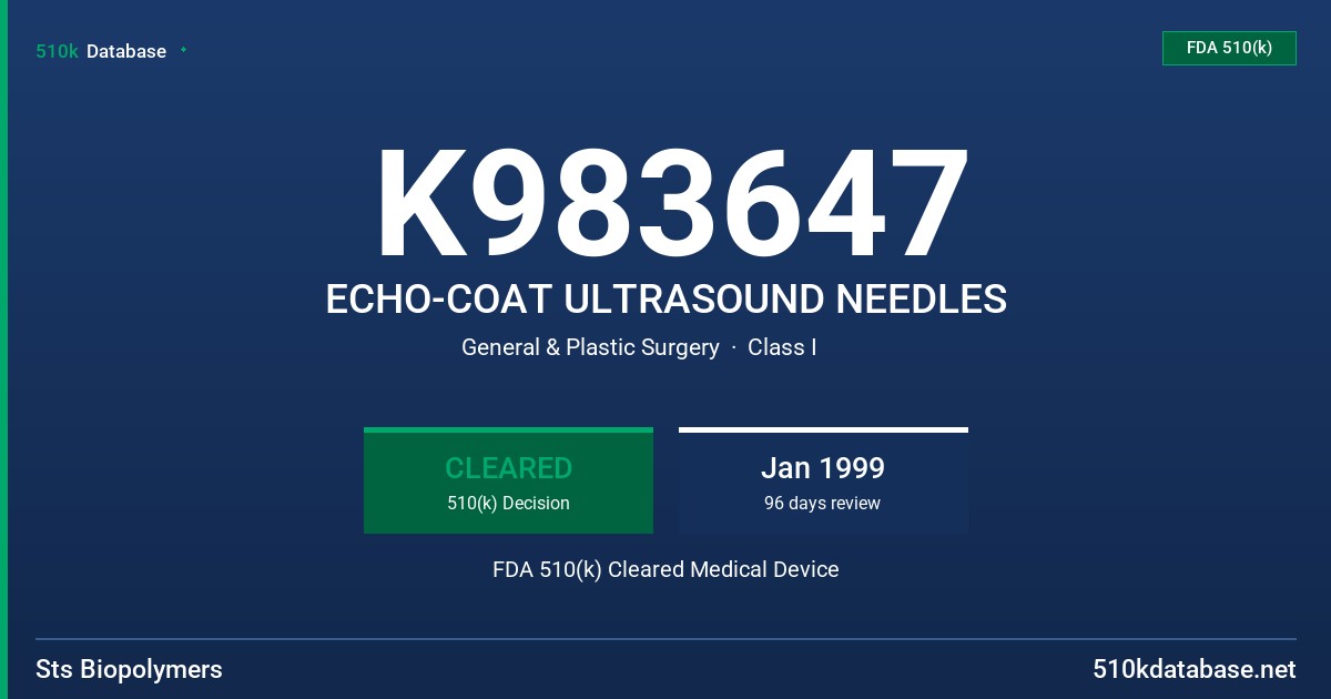 K983647 ECHO-COAT ULTRASOUND NEEDLES FDA 510(k) Cleared Medical Device