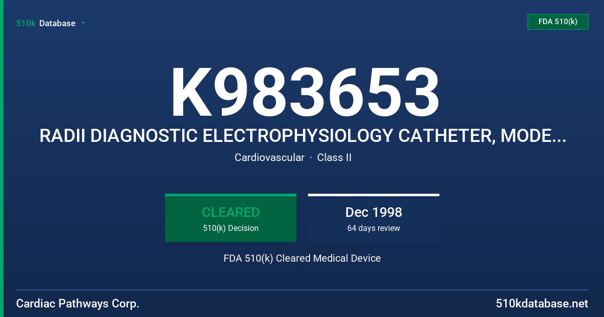 K983653 RADII DIAGNOSTIC ELECTROPHYSIOLOGY CATHETER, MODEL # 30411 B, C AND D FDA 510(k) Cleared Medical Device