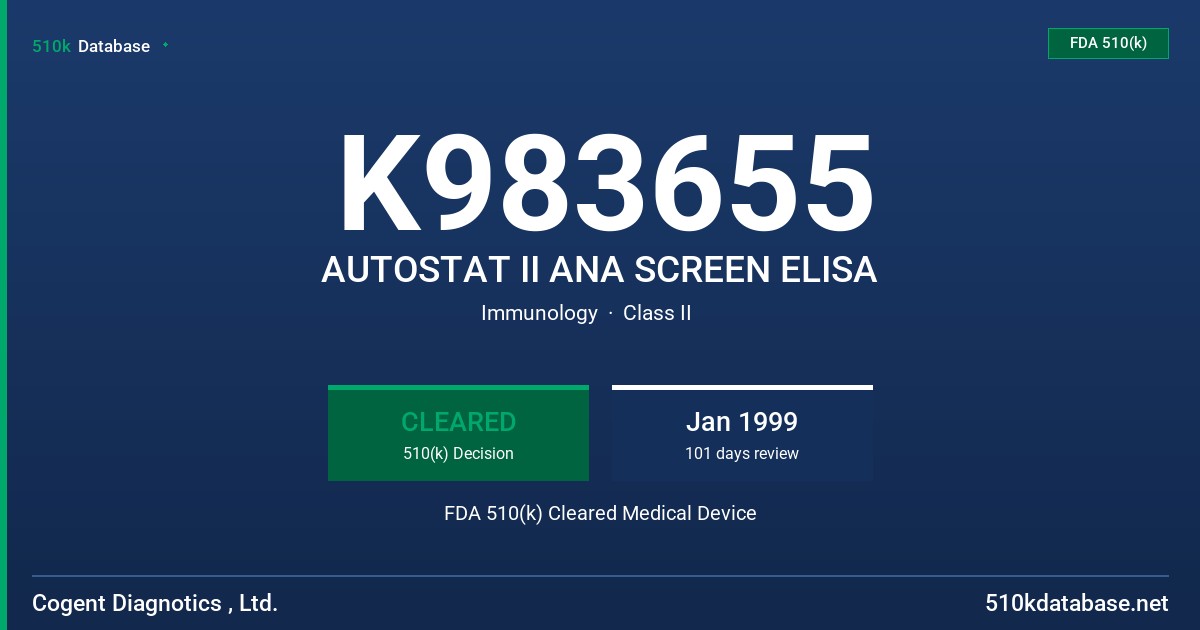 K983655 AUTOSTAT II ANA SCREEN ELISA FDA 510(k) Cleared Medical Device