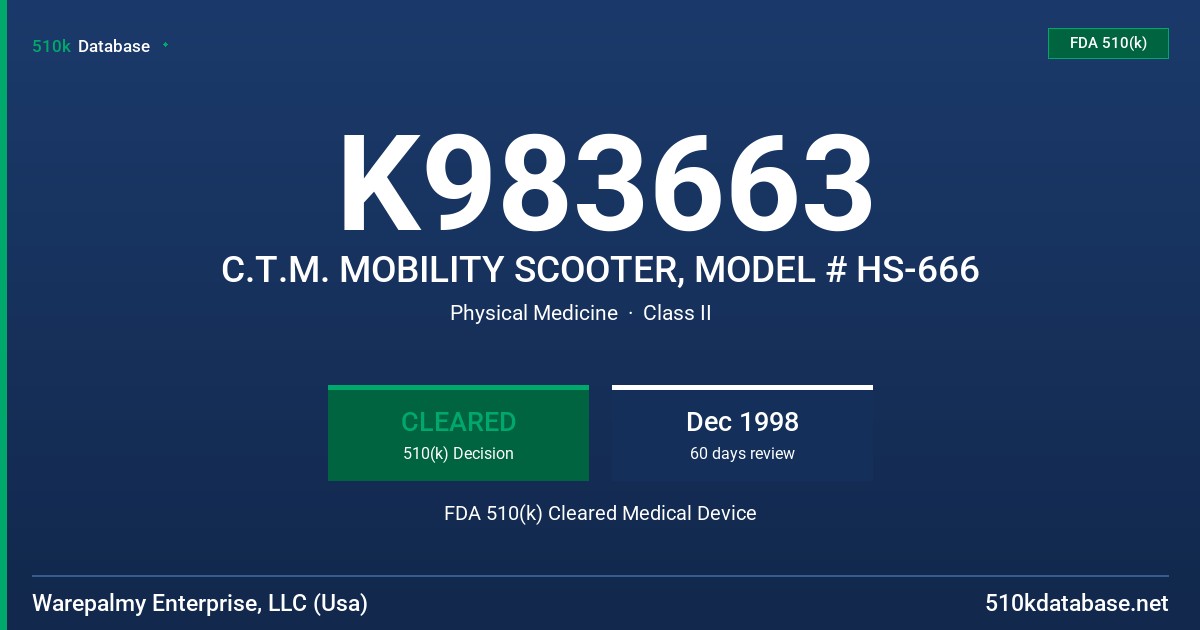 K983663 C.T.M. MOBILITY SCOOTER, MODEL # HS-666 FDA 510(k) Cleared Medical Device