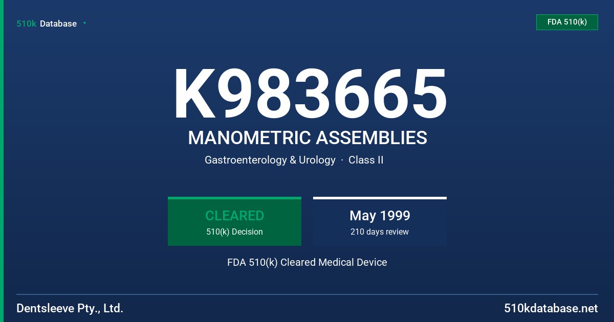 K983665 MANOMETRIC ASSEMBLIES FDA 510(k) Cleared Medical Device