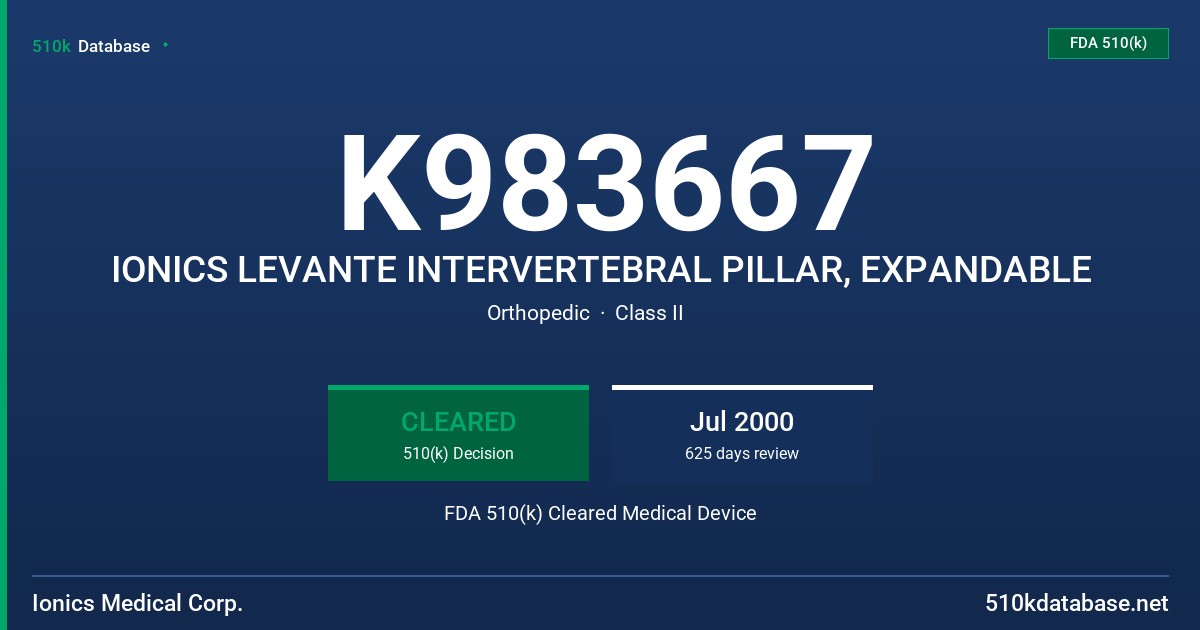K983667 IONICS LEVANTE INTERVERTEBRAL PILLAR, EXPANDABLE FDA 510(k) Cleared Medical Device