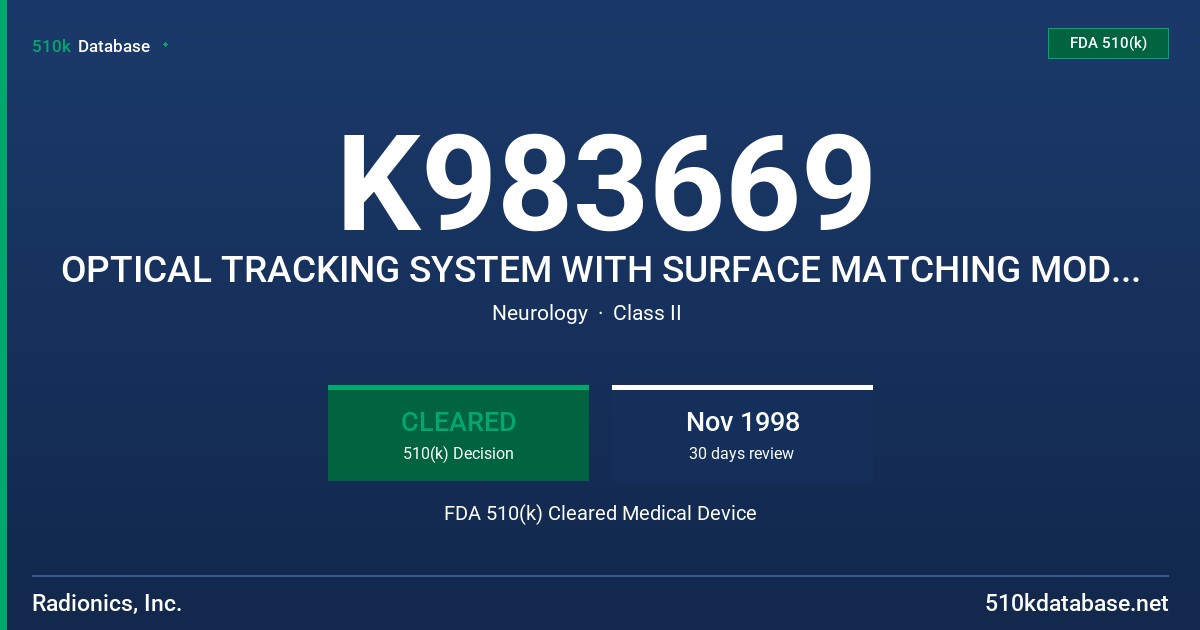K983669 OPTICAL TRACKING SYSTEM WITH SURFACE MATCHING MODULE, MODEL OTS FDA 510(k) Cleared Medical Device